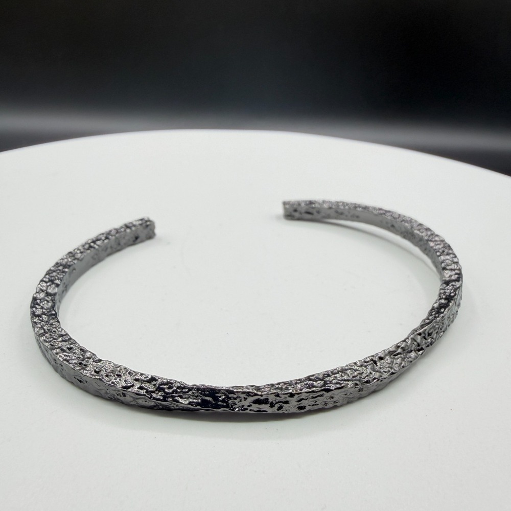 Gunmetal Silver Tone Textured Open Cuff Bracelet Gothic Boho Statement Jewelry